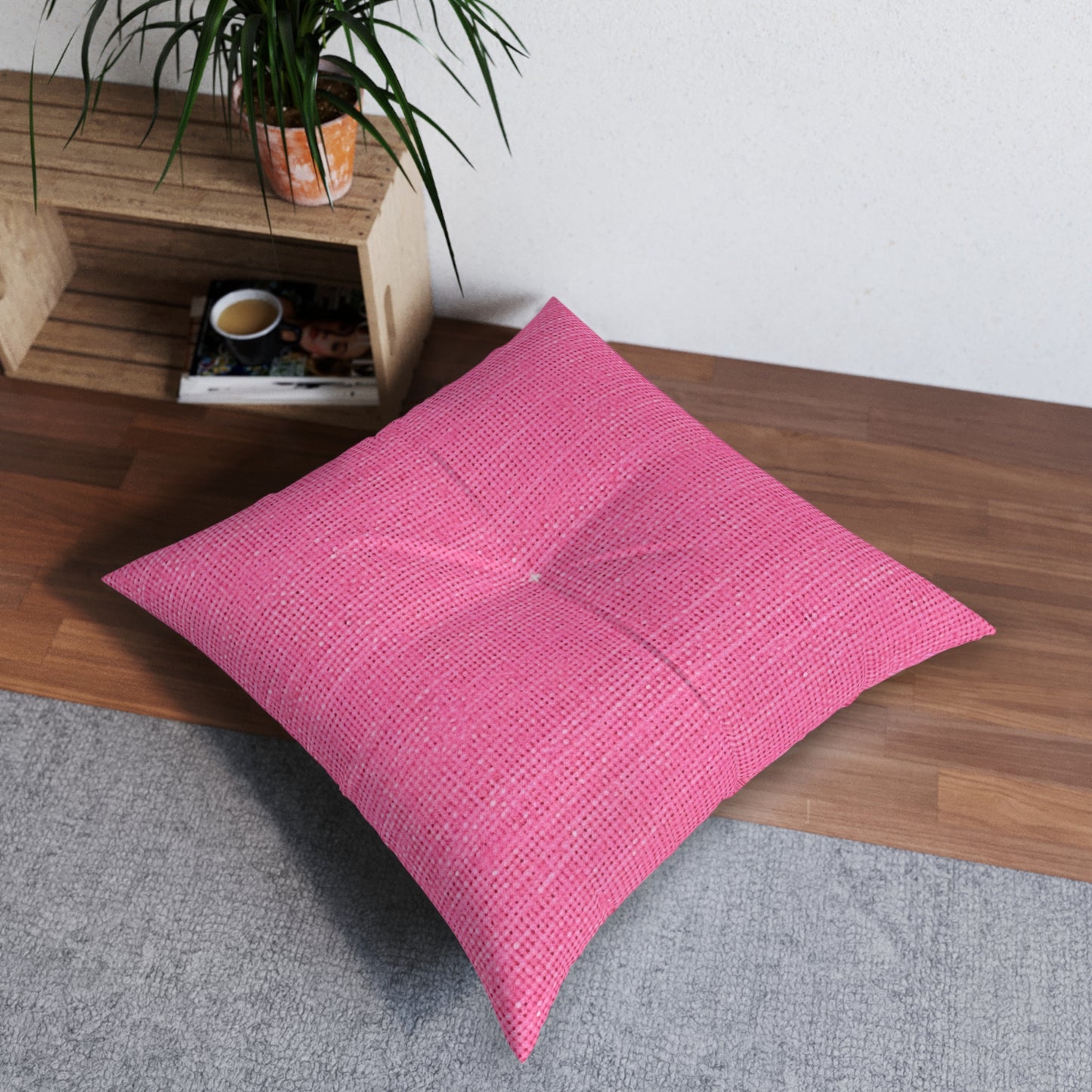 Doll-Like Pink Denim Designer Fabric Style - Tufted Floor Pillow, Square