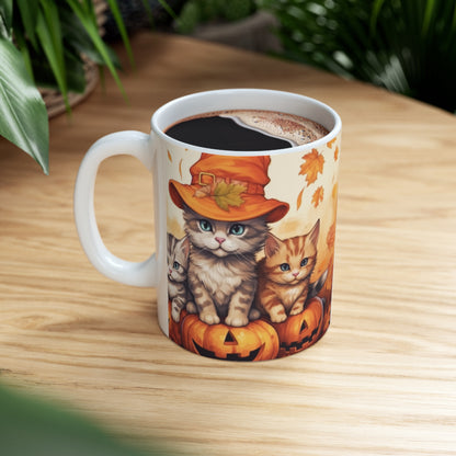 Kitty Cat Kittens Halloween - Lindos Furries en Calabaza - Decoración felina festiva - Taza de cerámica 11oz 