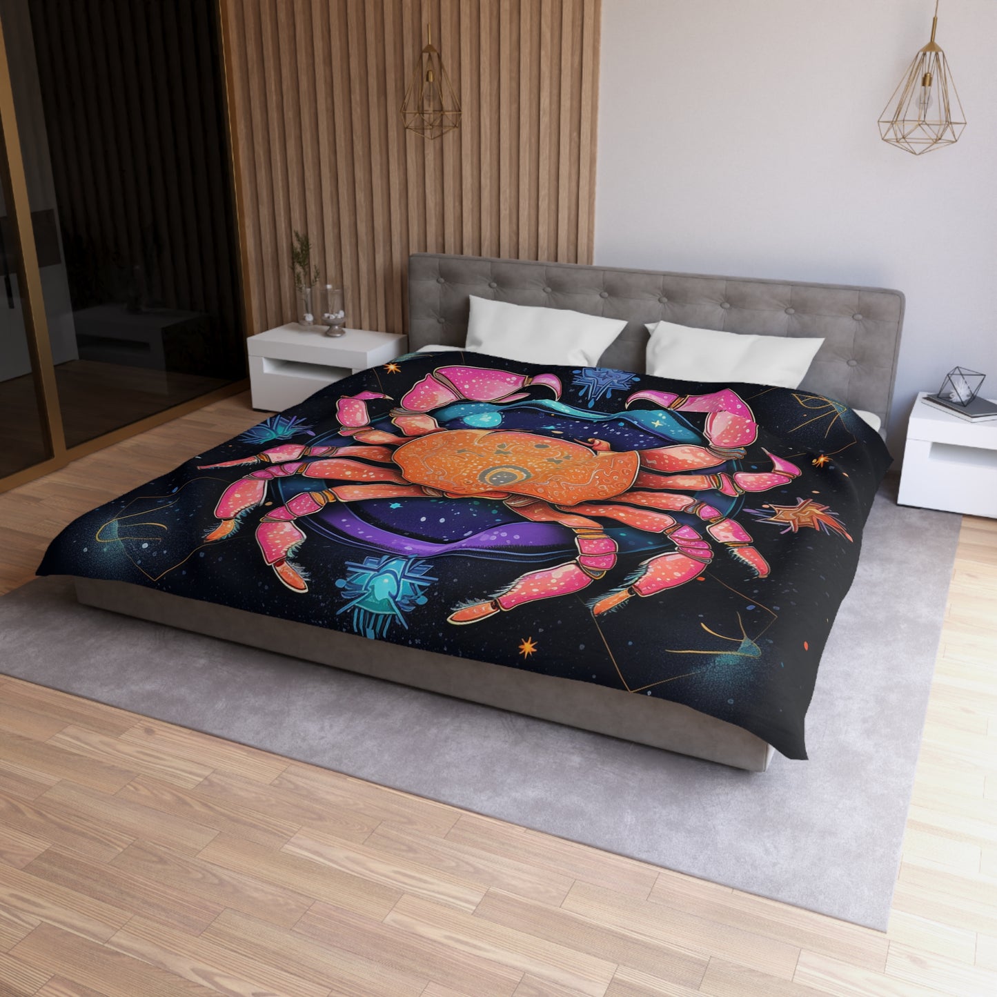 Rainbow Celestial Crab - Vibrant Cancer Zodiac Sign Art - Microfiber Duvet Cover