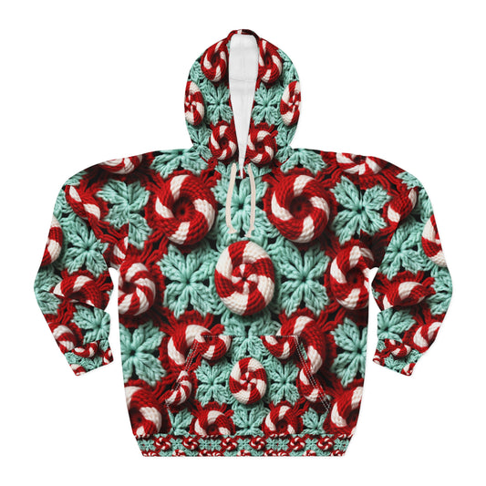 Christmas Crochet Candy Cane - Pepper Red Crystal White Holiday Pattern - Unisex Pullover Hoodie (AOP)