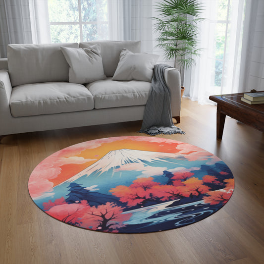 Vibrante Monte Fuji estilo acuarela, estilo Kanagawa, alfombra redonda de chenilla