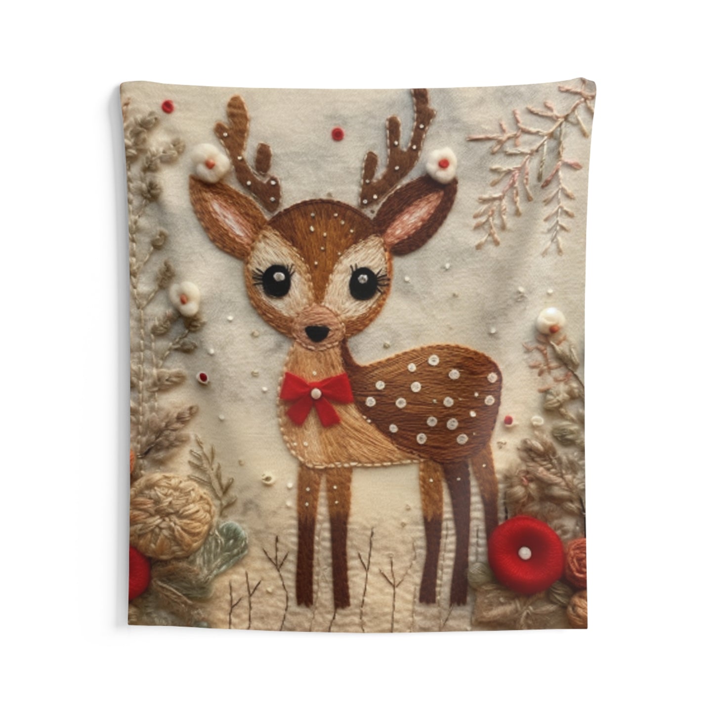 Winter Deer - Style Embroidered Christmas Reindeer, Festive Felt Artwork, Holiday Decor - Indoor Wall Tapestries