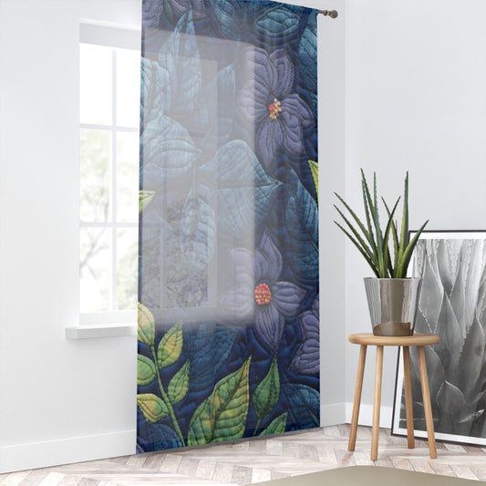 Floral Embroidery Blue: Denim-Inspired, Artisan-Crafted Flower Design - Window Curtain