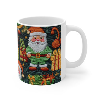 Christmas Santa Claus - Embroidered Presents - Festive Winter Wonderland - Deck the Halls Design - Ceramic Mug 11oz