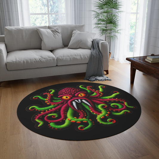 Alien Octopus Kraken, Chenille Patch Graphic, Round Rug