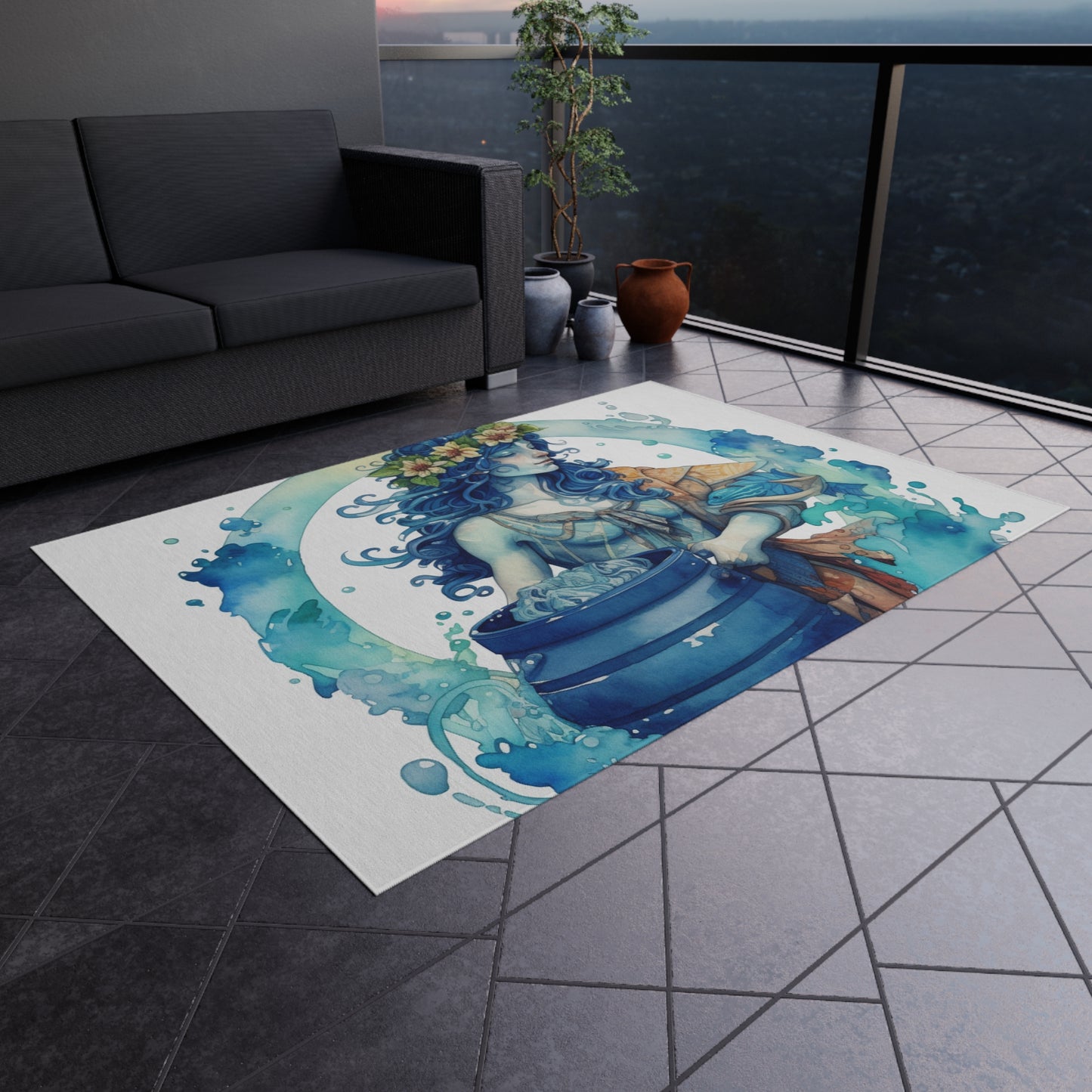 Artistic Aquarius Zodiac - Watercolor Water-Bearer Depiction - Outdoor Rug