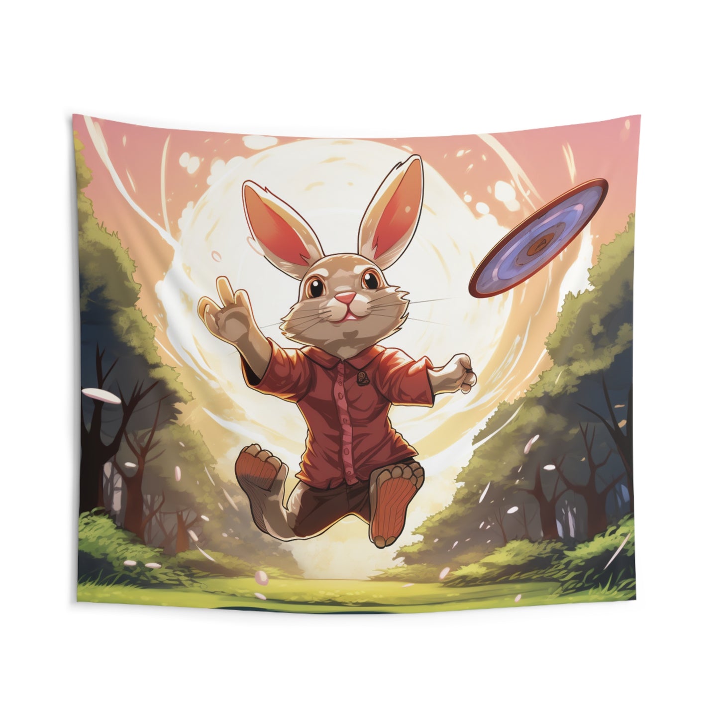 Disc Golf Rabbit: Bunny Aiming Frisbee for Basket Chain - Indoor Wall Tapestries