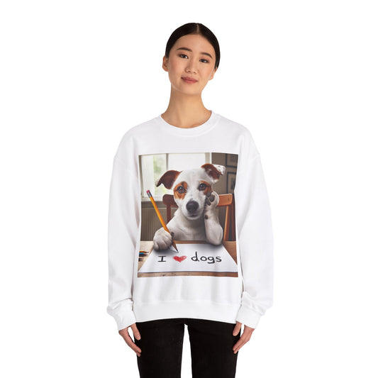 Adorable Dog Writing I Love Dogs, Cute Pet with Pencil Illustration, Animal Lover Artwork, Playful Canine - Unisex Heavy Blend™ Crewneck Sweatshirt