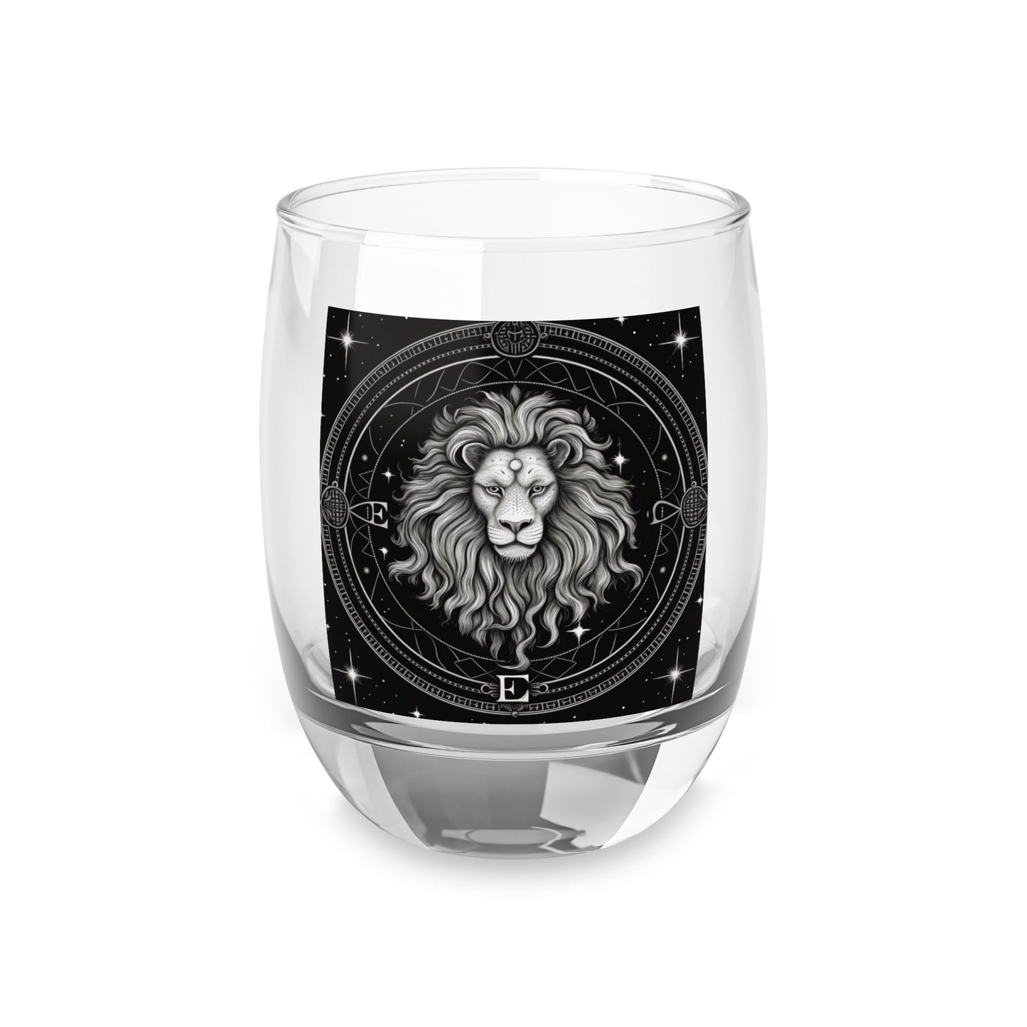 Vaso de whisky Leo Zodiac - Vidrio transparente resistente con base sólida - Diseño místico en blanco y negro