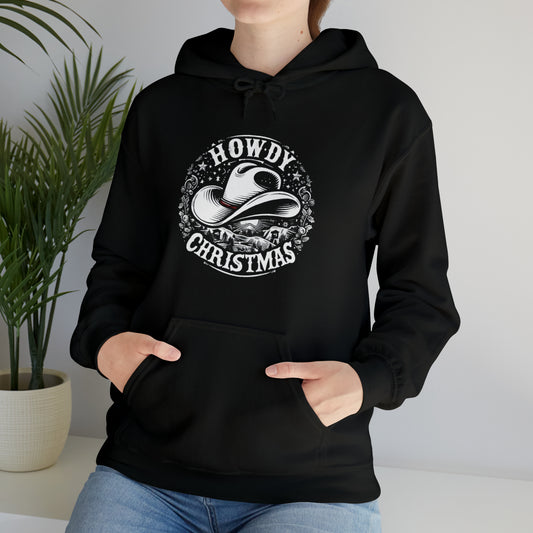 Western Howdy Christmas - Cowboy Hat Starry Winter Scene - Country Holiday Festive Graphic - Unisex Heavy Blend™ Hooded Sweatshirt