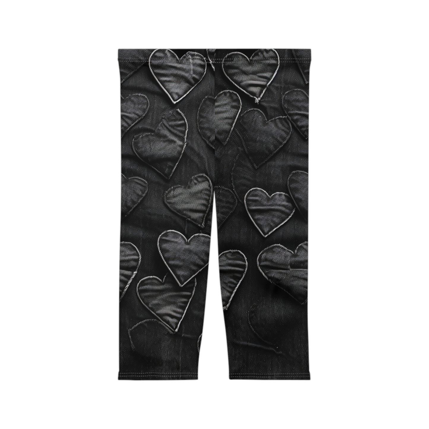 Black: Distressed Denim-Inspired Fabric Heart Embroidery Design - Women’s Capri Leggings (AOP)