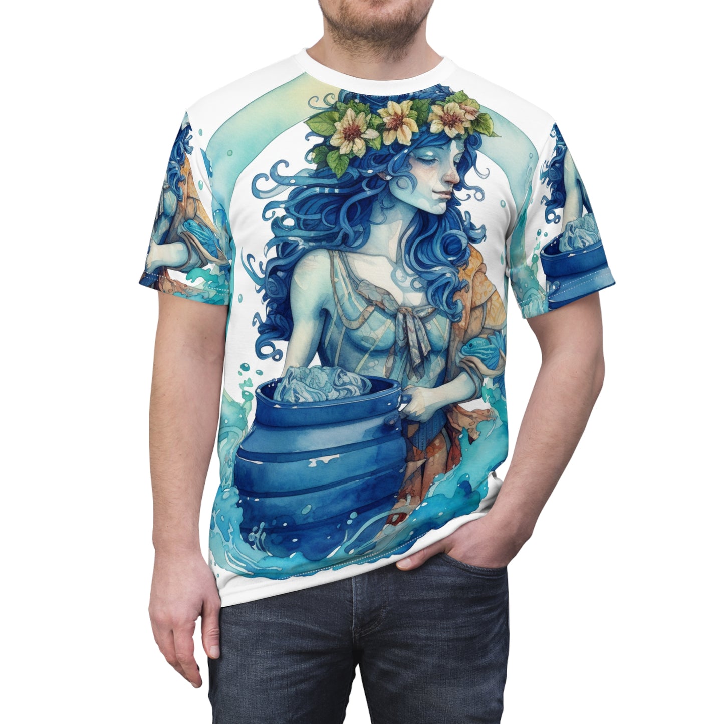 Zodíaco artístico de Acuario - Representación del portador de agua en acuarela - Camiseta unisex de corte y costura (AOP) 