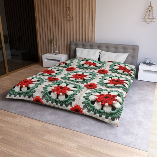 Christmas Granny Square Crochet, Cottagecore Winter Classic, Seasonal Holiday - Microfiber Duvet Cover