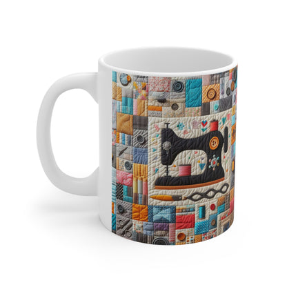 Mosaico acolchado colorido, diseño de costura retro - Taza de cerámica 11oz