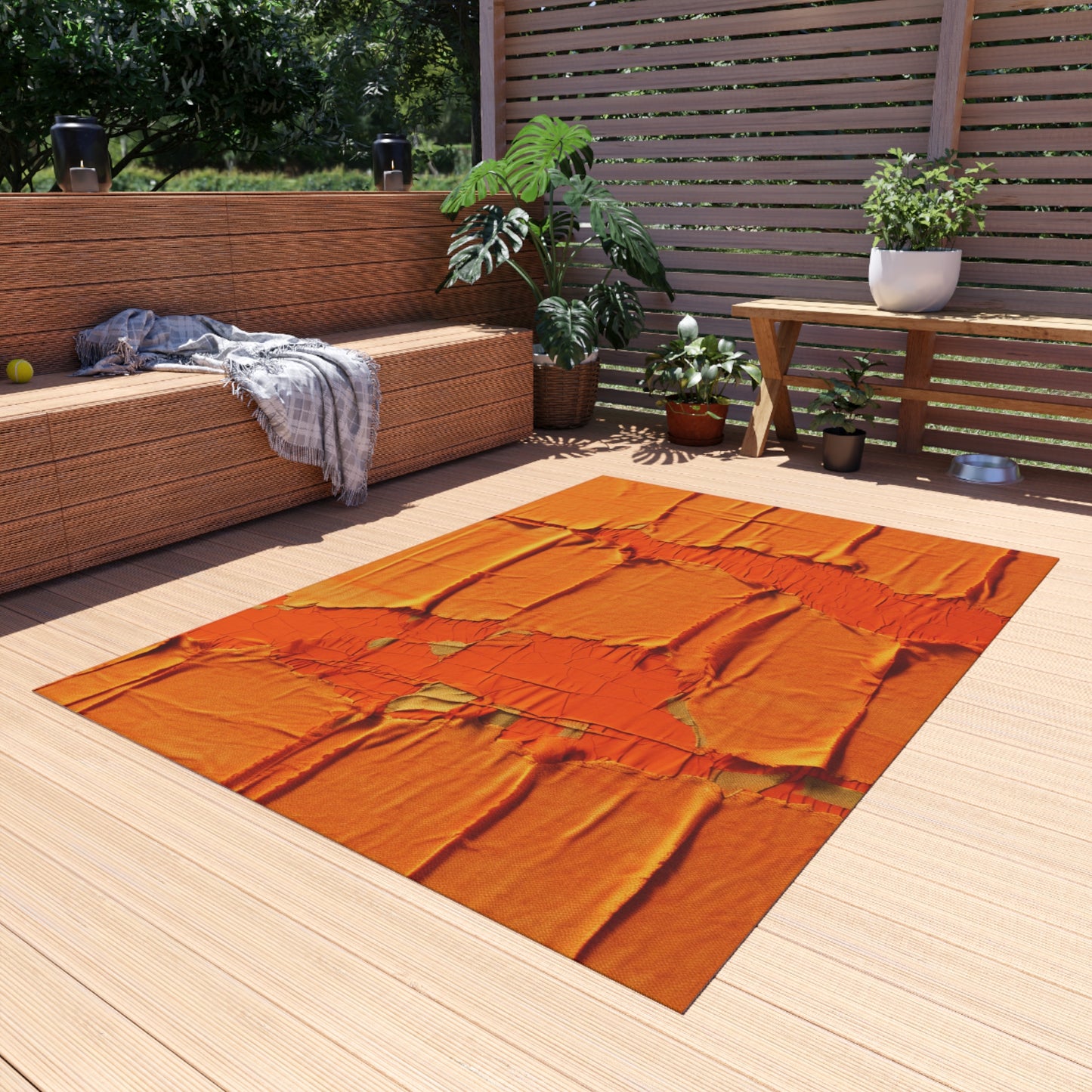 Fiery Citrus Orange: Edgy Distressed, Denim-Inspired Fabric - Outdoor Rug