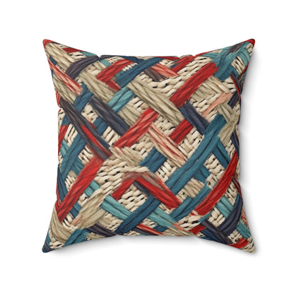 Colorful Yarn Knot: Denim-Inspired Fabric in Red, White, Light Blue - Spun Polyester Square Pillow