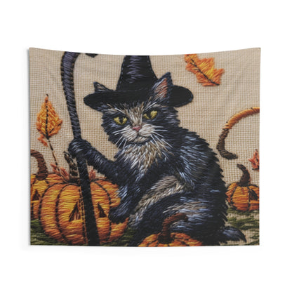 Halloween Cat Magic: Embroidered Style Feline with Pumpkins & Witch Hat - Indoor Wall Tapestries