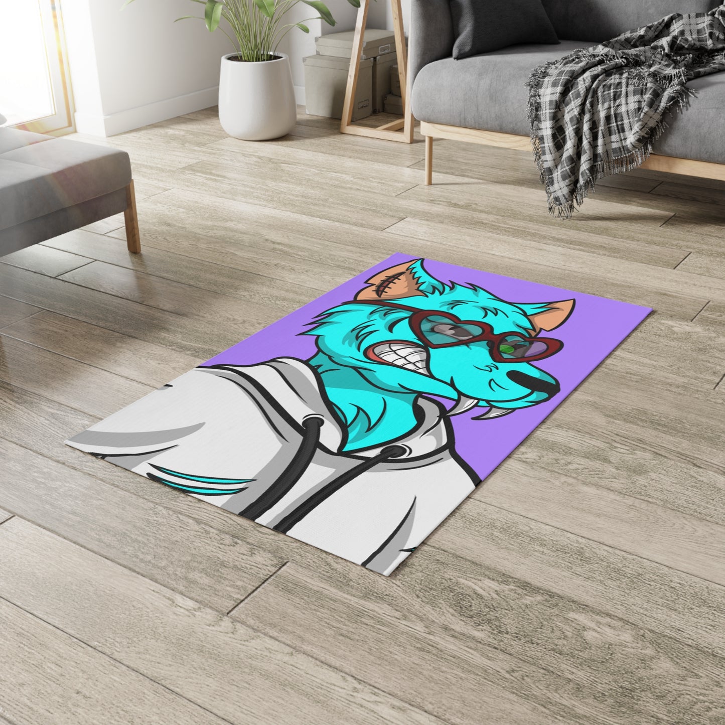 Aqua Blue Cyborg Lovely Heart Wolf Dobby Rug