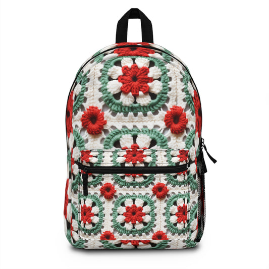 Christmas Granny Square Crochet, Cottagecore Winter Classic, Seasonal Holiday - Backpack
