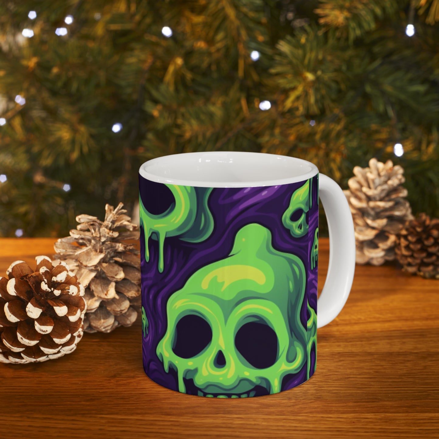 Patrón de terror aterrador de esqueletos verdes de calavera de limo de Halloween - Taza de cerámica 11oz