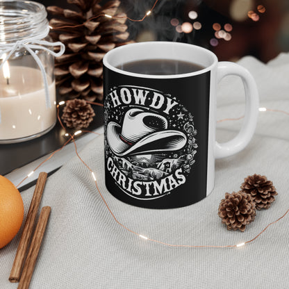 Western Howdy Christmas - Escena de invierno estrellada con sombrero de vaquero - Gráfico festivo de vacaciones en el campo - Taza de cerámica de 11 oz