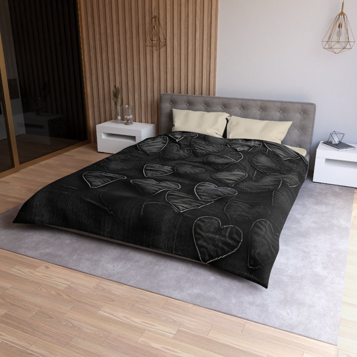 Black: Distressed Denim-Inspired Fabric Heart Embroidery Design - Microfiber Duvet Cover