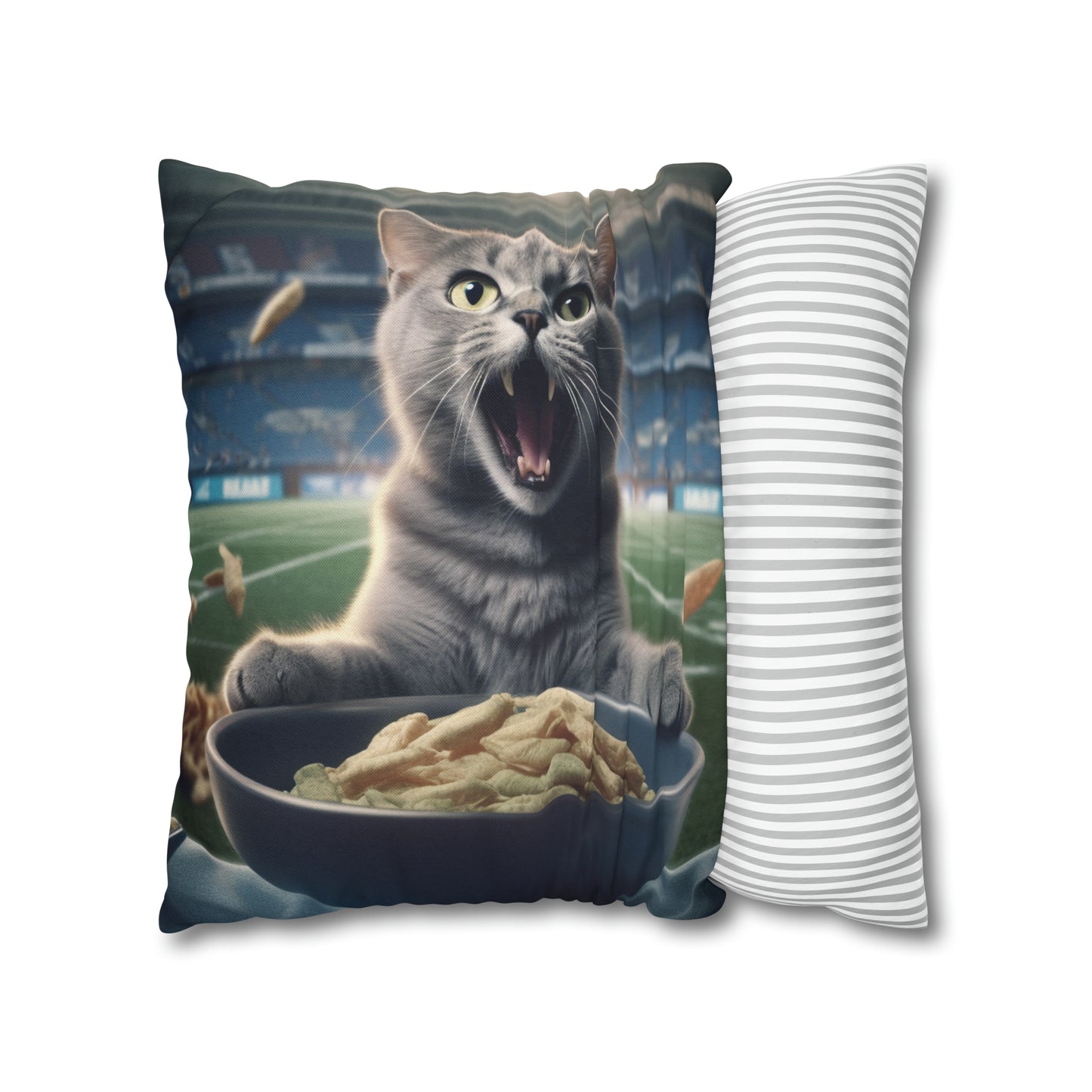 Halftime Football Feline: Screaming Sports Fan Cat Stadium Food Kitten - Spun Polyester Square Pillow Case