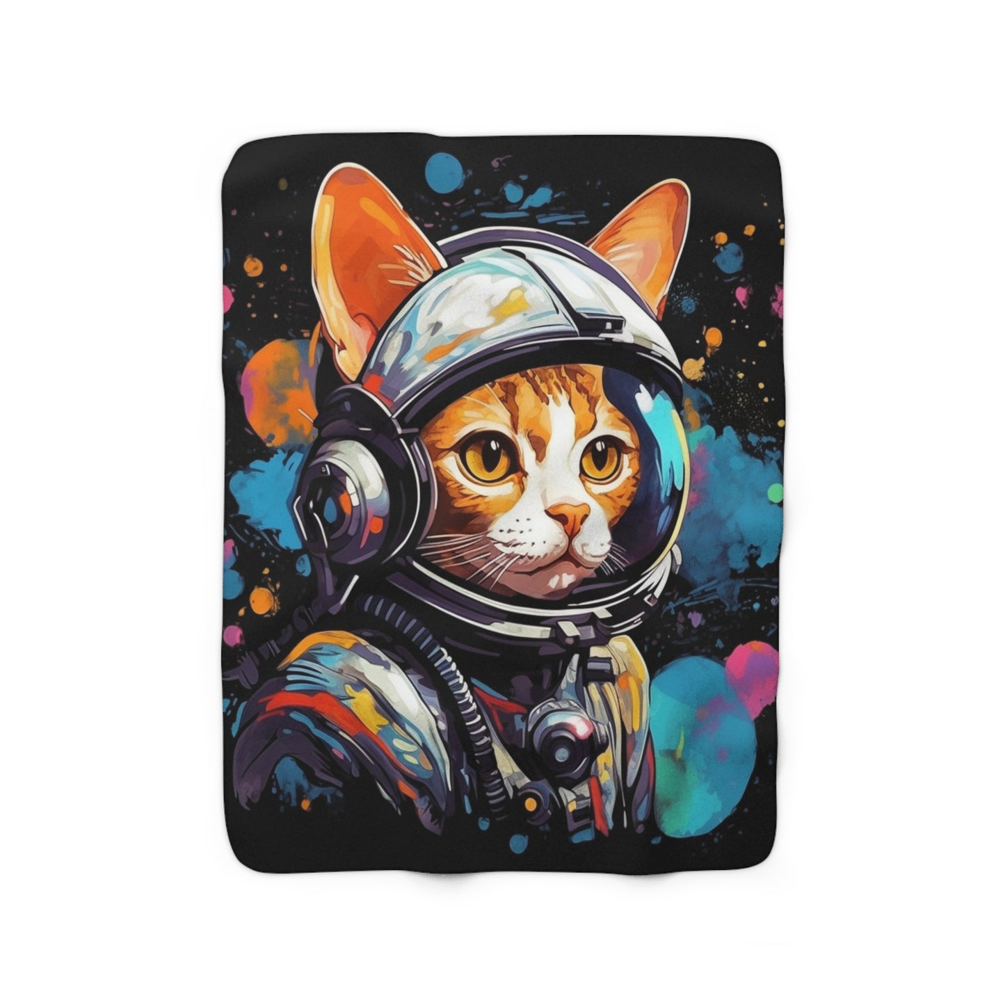 Astro Cat Adventure Feline - Pop Art, Floating in Cosmic Space - Sherpa Fleece Blanket