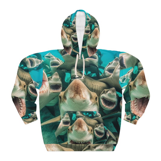 Laughing Lemon Sharks: Joyful Sea Jaws Ocean Deep - Unisex Pullover Hoodie (AOP)