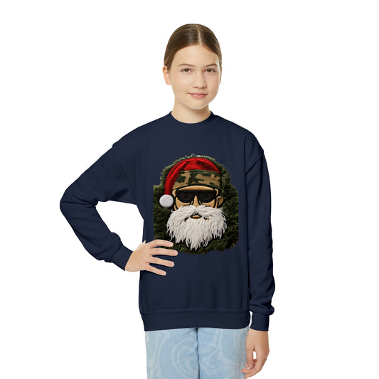 Camo Santa Chenille Patch - Military Christmas Decor - Marine Badge - Youth Crewneck Sweatshirt