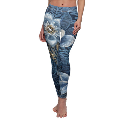 Flower Blossom Embroidery Floral on Denim Style - Women's Cut & Sew Casual Leggings (AOP)