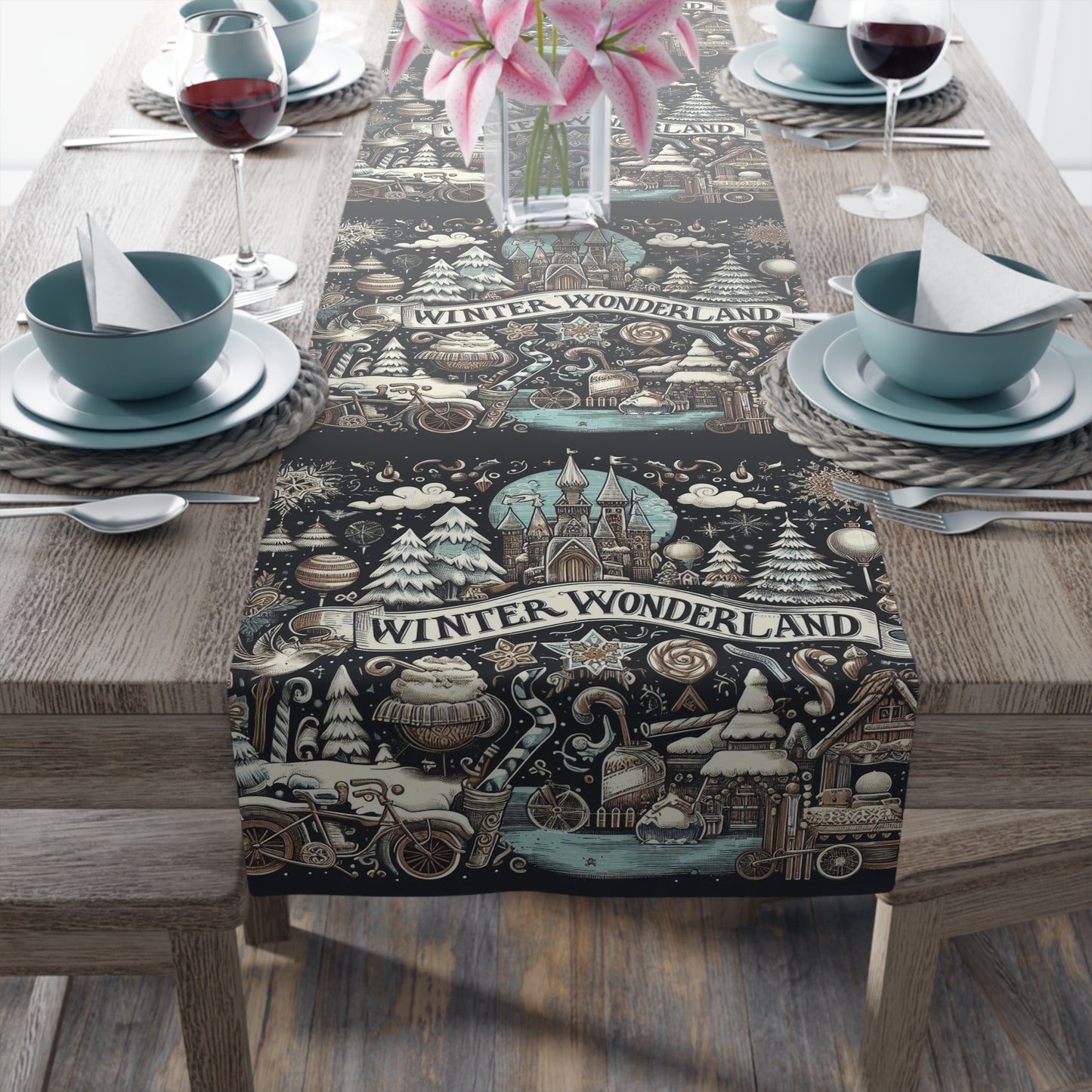 Winter Wonderland Enchantment: Nostalgic Christmas Snowscape with Majestic Castle and Festive - Table Runner (Cotton, Poly)