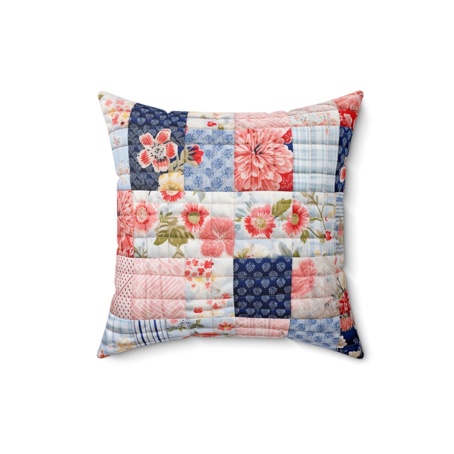 Floral Harmony Quilt, Blossom Patchwork, Blue and Pink Quilted Patterns, Garden Quilt, Soft Pastel Quilting Squares Design - Spun Polyester Square Pillow