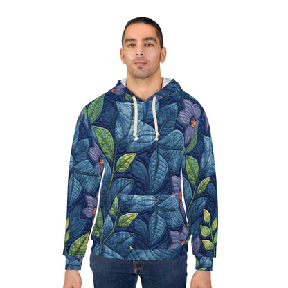 Azul bordado floral: diseño de flores artesanal e inspirado en la mezclilla - Sudadera con capucha unisex (AOP) 