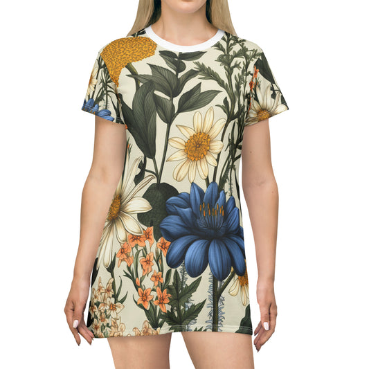 Vestido camiseta con diseño de flores y plantas con ilustración botánica (AOP) 