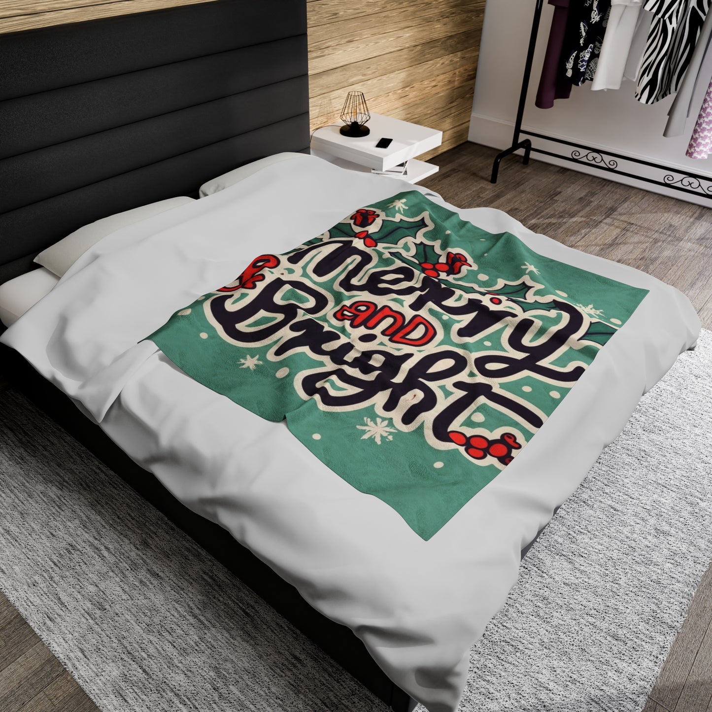 Merry and Bright Christmas Theme Holiday - Velveteen Plush Blanket