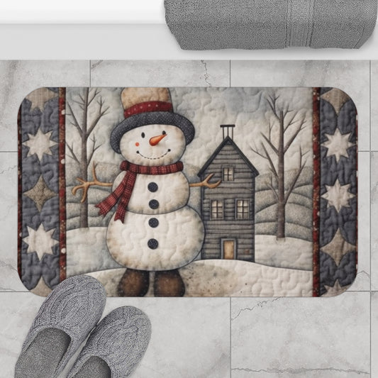 Christmas Cottagecore Snowman & Snowy House - Nostalgic Decor - Grandmillennial Festive Charm - Bath Mat