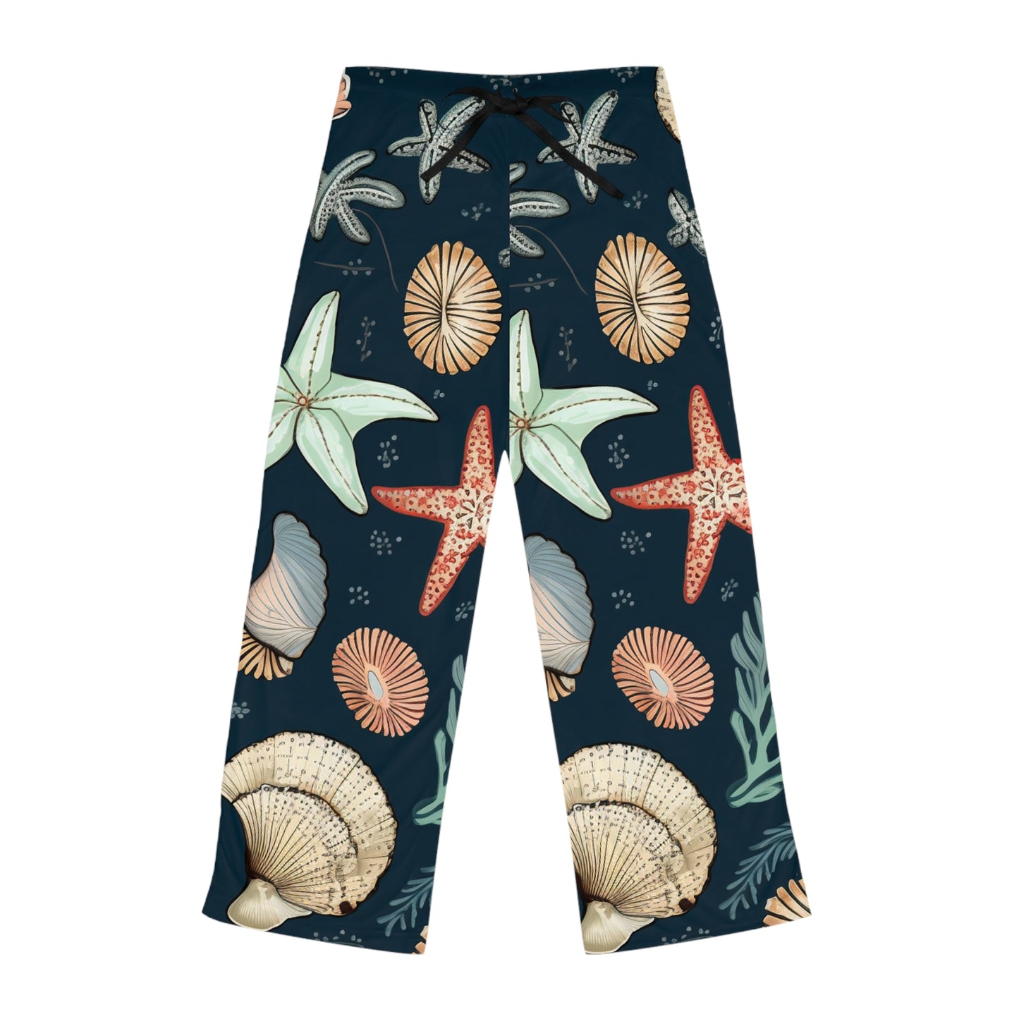 Pantalones de pijama para mujer con estampado de conchas marinas y estrellas de mar (AOP) 