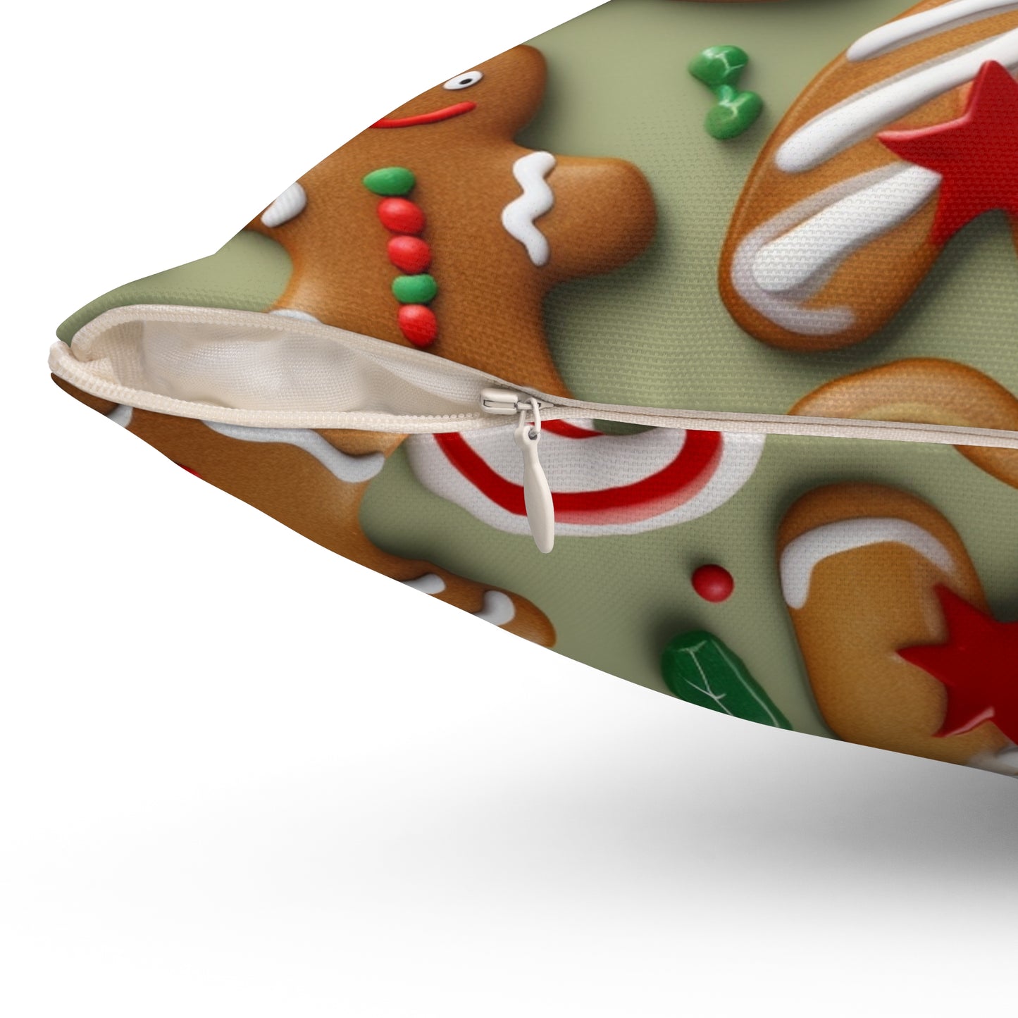 Galleta de Navidad de hombre de jengibre - Árbol - Bastón de caramelo - Almohada cuadrada de poliéster hilado