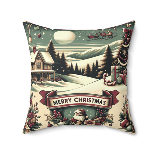 Holiday Charm: Classic Retro Christmas Scene with Santa - 1950s Nostalgic - Spun Polyester Square Pillow