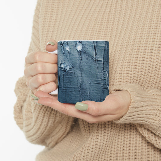 Distressed Blue Denim-Look: Edgy, Torn Fabric Design - Ceramic Mug 11oz