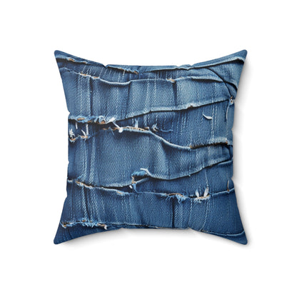 Denim desgastado azul medianoche: diseño resistente, rasgado y elegante - Almohada cuadrada de poliéster hilado 