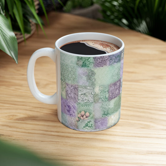 Medley Patchwork - Pasteles apagados, guingán y encaje, mezcla de cachemira boho, diseño estético acolchado - Taza de cerámica de 11 oz 