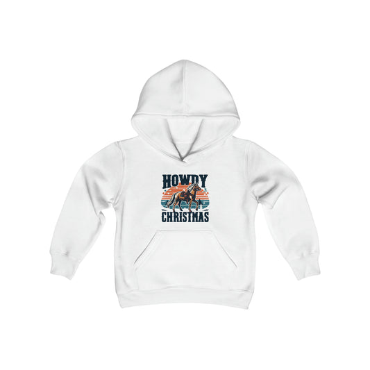 Retro Western Christmas - Howdy Christmas with Patriotic Horse and Star Banner - Youth Heavy Blend Hooded Sweatshirt