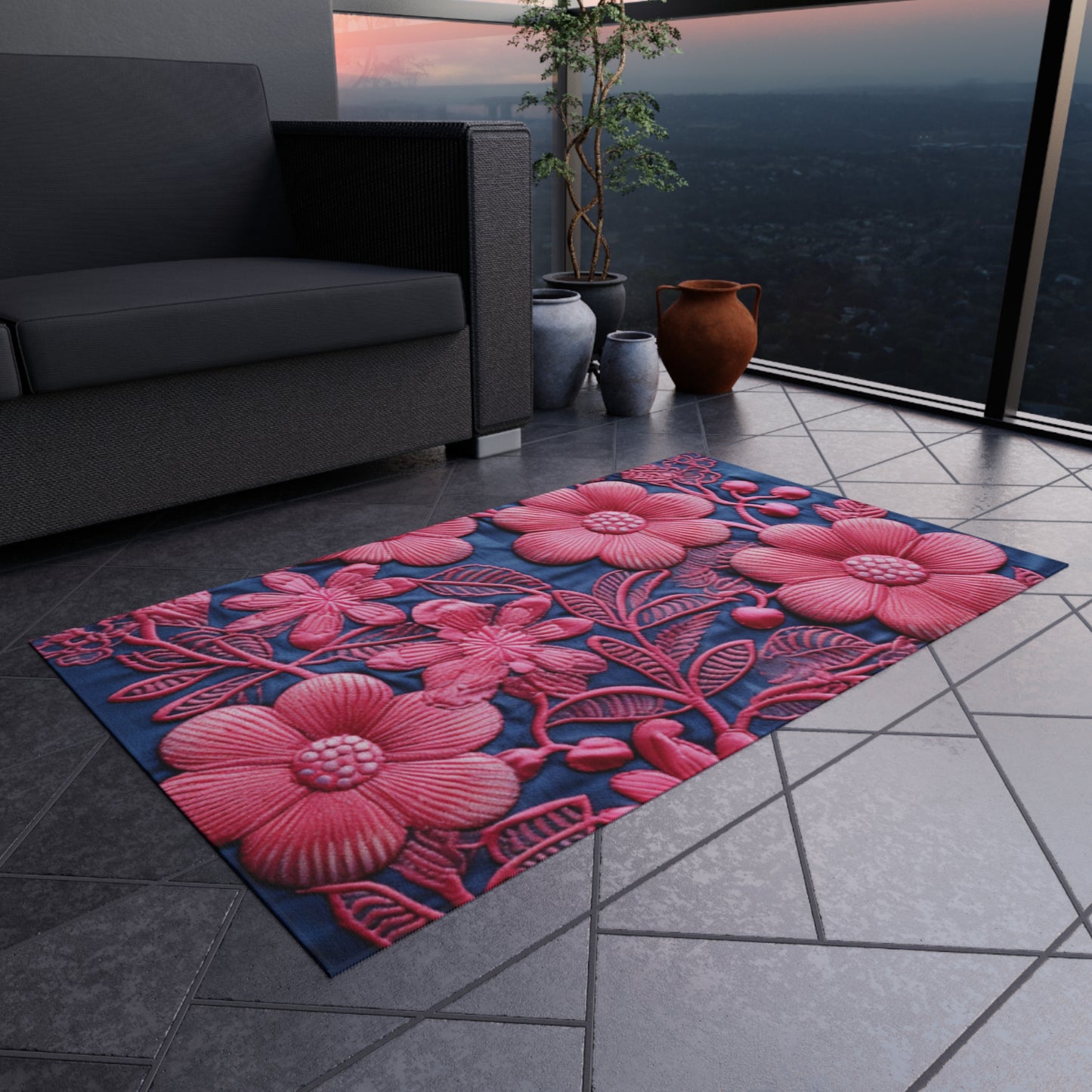 Denim Blue Doll Pink Floral Embroidery Style Fabric Flowers - Outdoor Rug