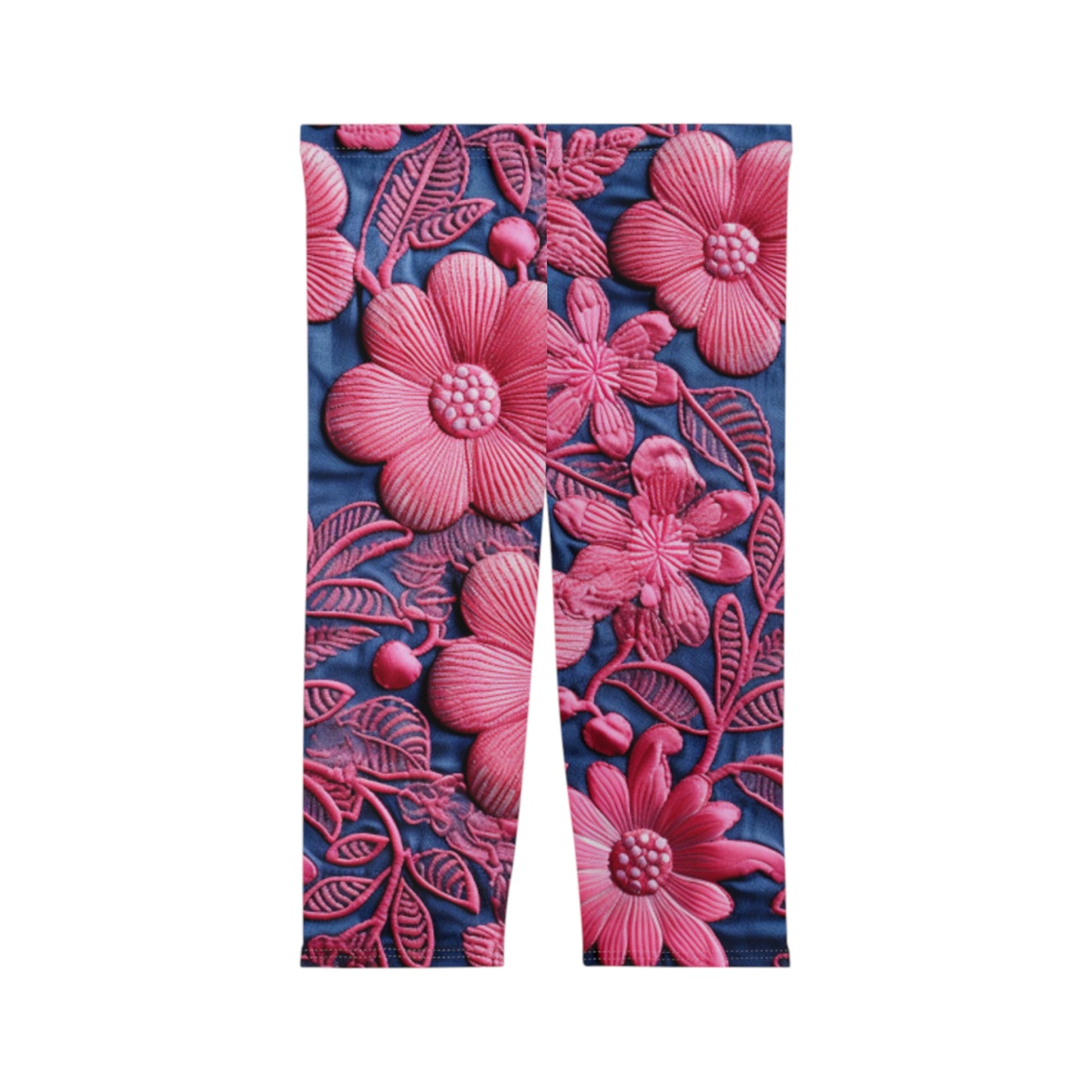 Denim Azul Muñeca Rosa Floral Bordado Estilo Tela Flores - Leggings Capri Mujer (AOP) 