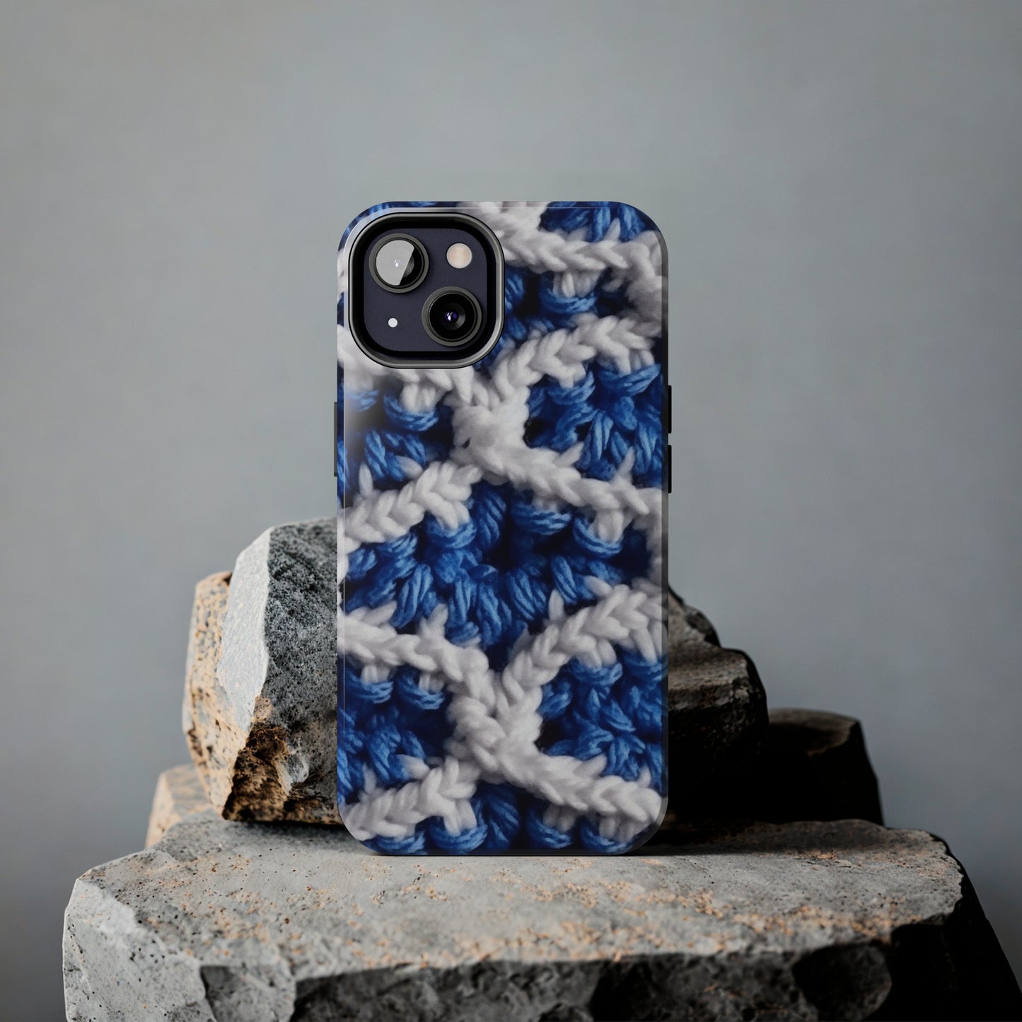 Blueberry Blue Crochet, White Accents, Classic Textured Pattern - Tough Phone Cases