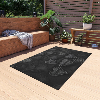 Black: Distressed Denim-Inspired Fabric Heart Embroidery Design - Outdoor Rug