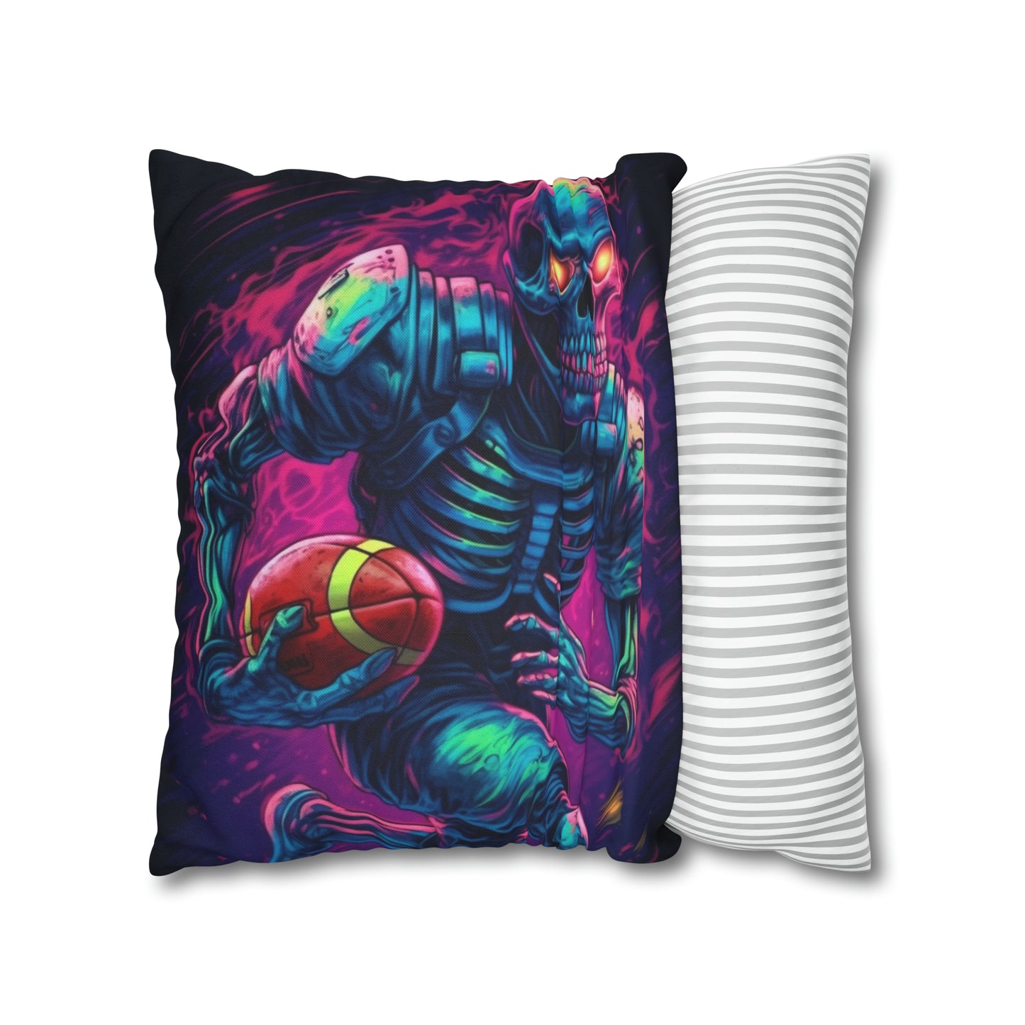 Spooky Football Game: Fantasy Skeleton Athlete Running with Ball, Sporty Halloween - Spun Polyester Square Pillow Case