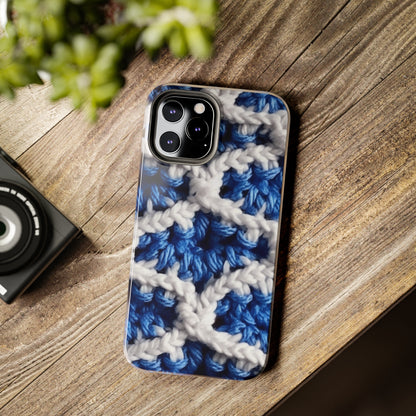 Blueberry Blue Crochet, White Accents, Classic Textured Pattern - Tough Phone Cases